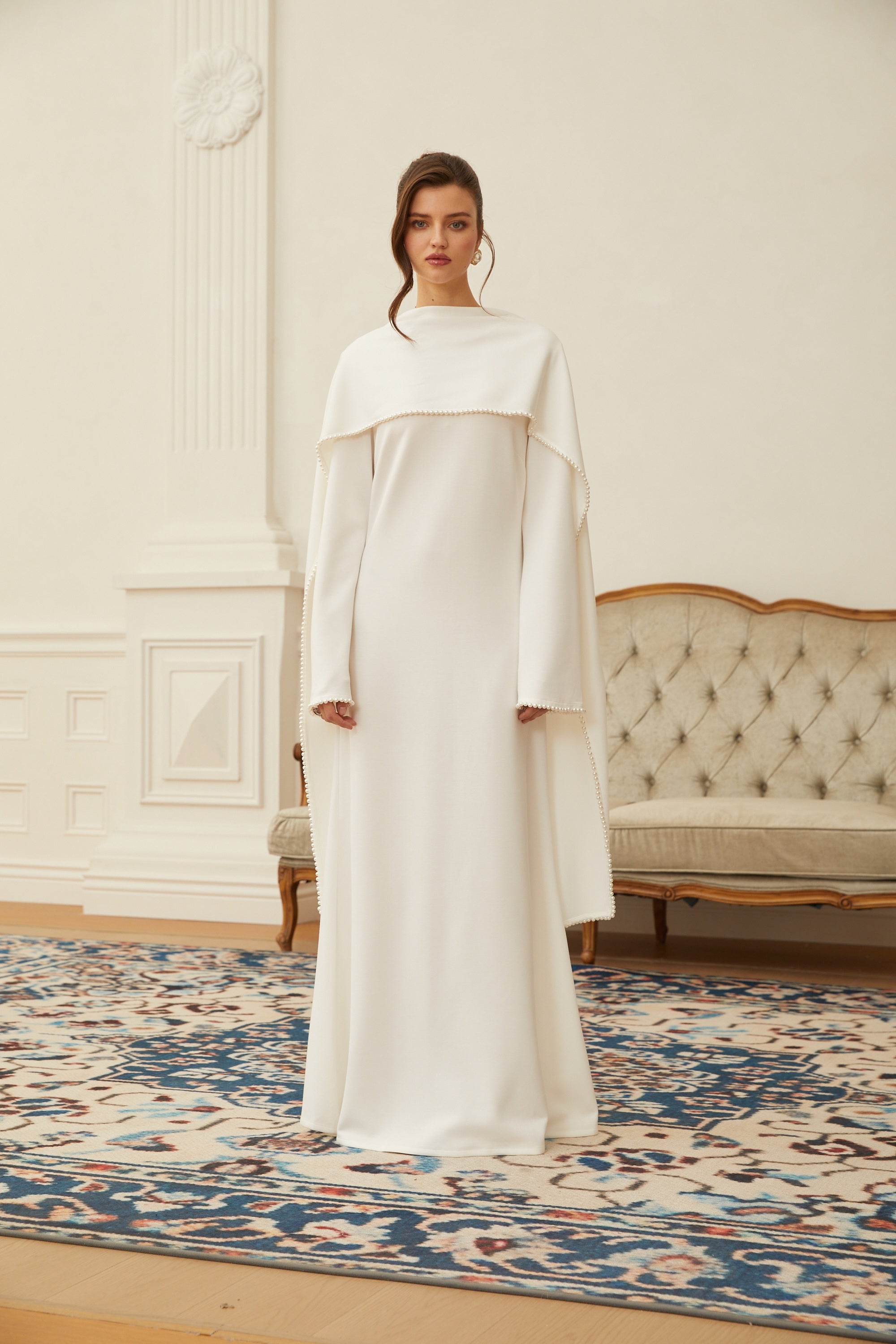 Piroska Pearl Trim Shawl Detail Maxi Dress Mock Neck Long Sleeve White