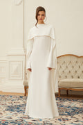 Piroska Pearl Trim Shawl Detail Maxi Dress Mock Neck Long Sleeve White