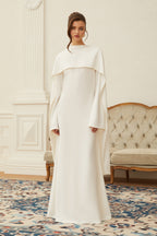 Piroska Pearl Trim Shawl Detail Maxi Dress Mock Neck Long Sleeve White