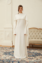 Piroska Pearl Trim Shawl Detail Maxi Dress Mock Neck Long Sleeve White