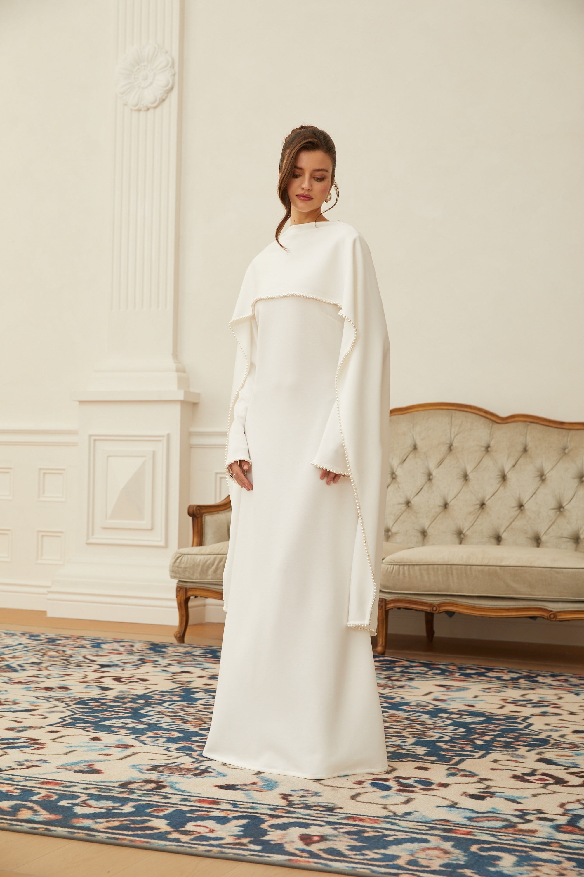 Piroska Pearl Trim Shawl Detail Maxi Dress Mock Neck Long Sleeve White