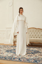 Piroska Pearl Trim Shawl Detail Maxi Dress Mock Neck Long Sleeve White
