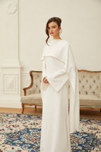 Piroska Pearl Trim Shawl Detail Maxi Dress Mock Neck Long Sleeve White