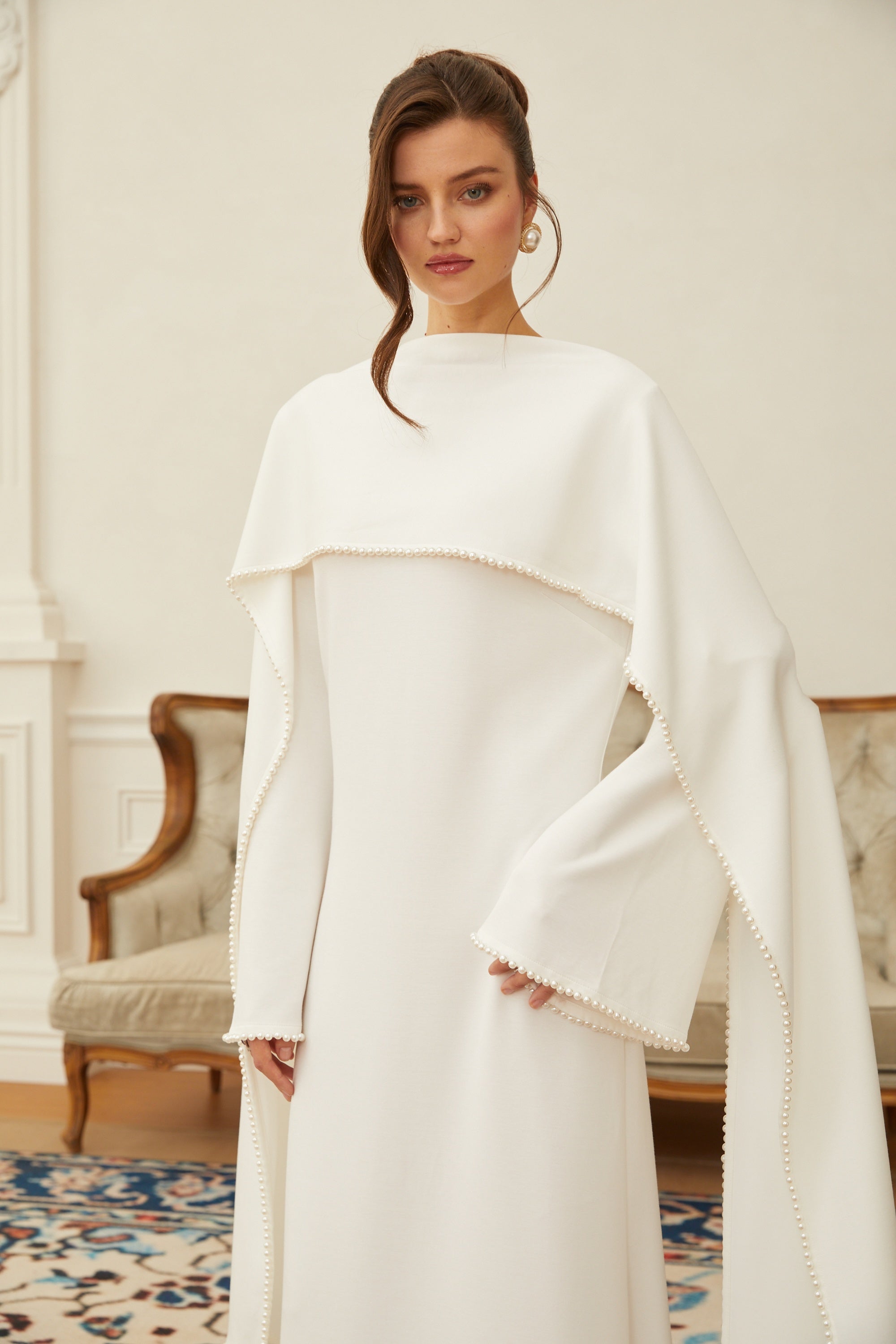 Piroska Pearl Trim Shawl Detail Maxi Dress Mock Neck Long Sleeve White