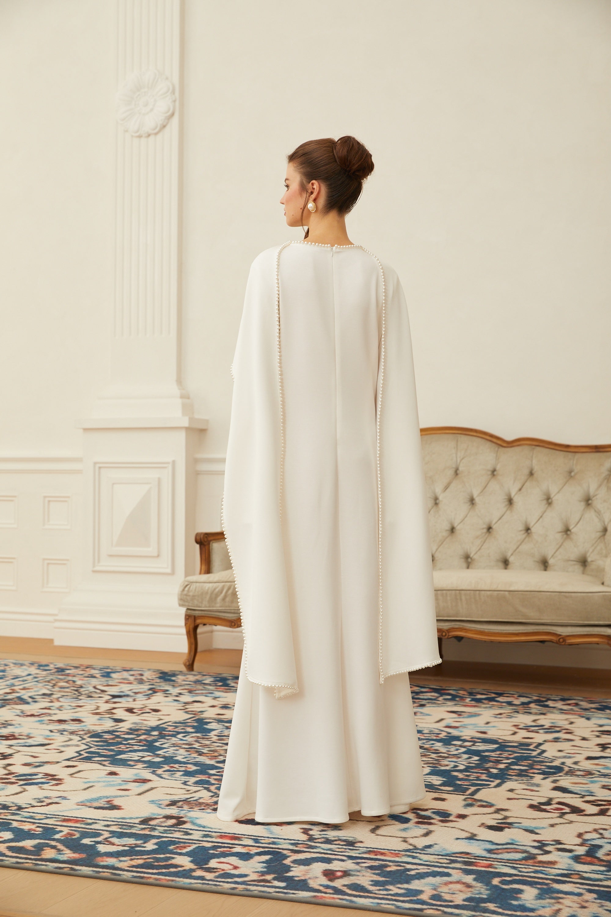 Piroska Pearl Trim Shawl Detail Maxi Dress Mock Neck Long Sleeve White