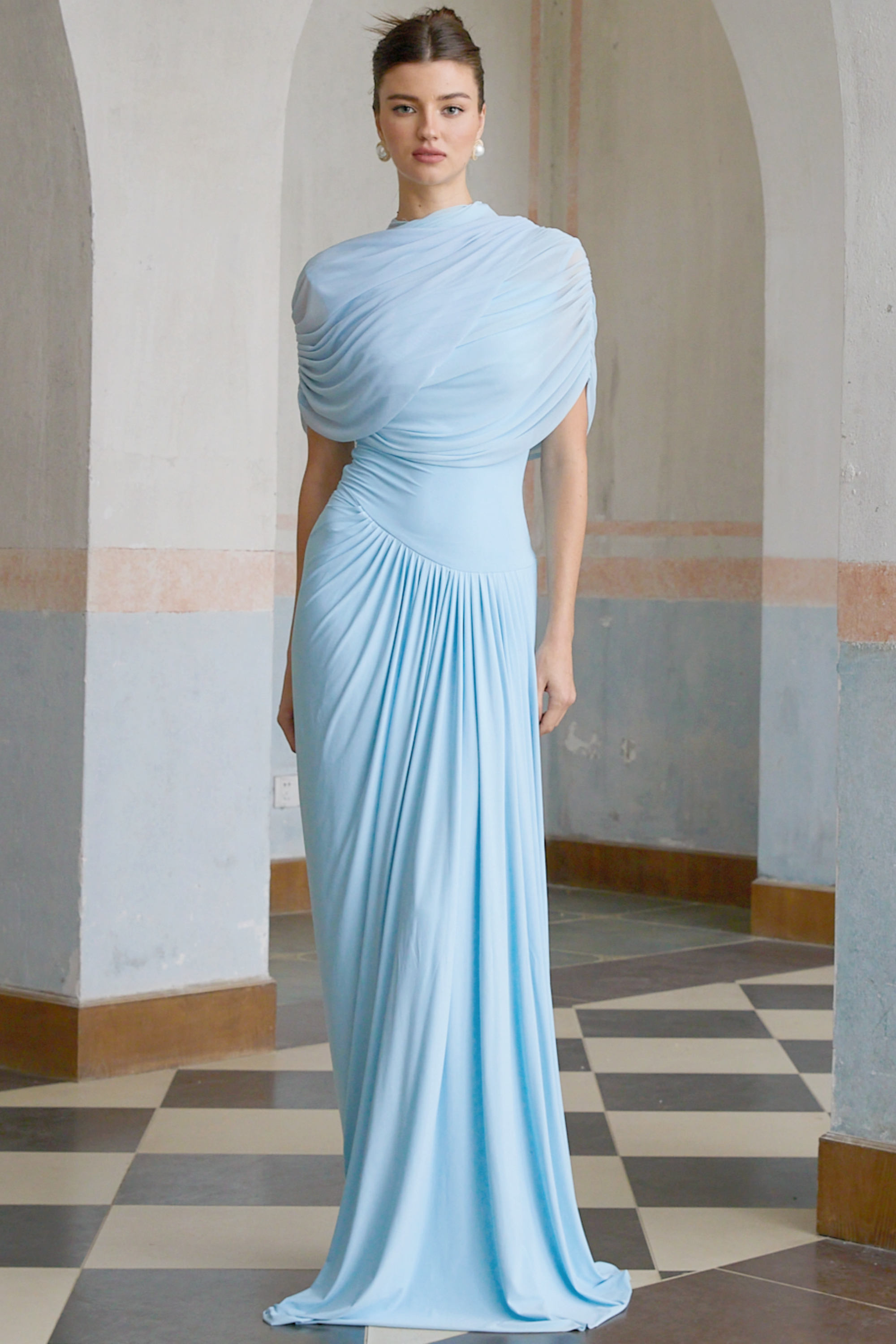 Catherine Asymmetrical Pleated Maxi Dress Sleeveless Mesh Shawl Baby Blue