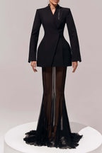 Enora Barrel Design Jacket Skirt Set V-Neck Mesh Pleated Detail Black