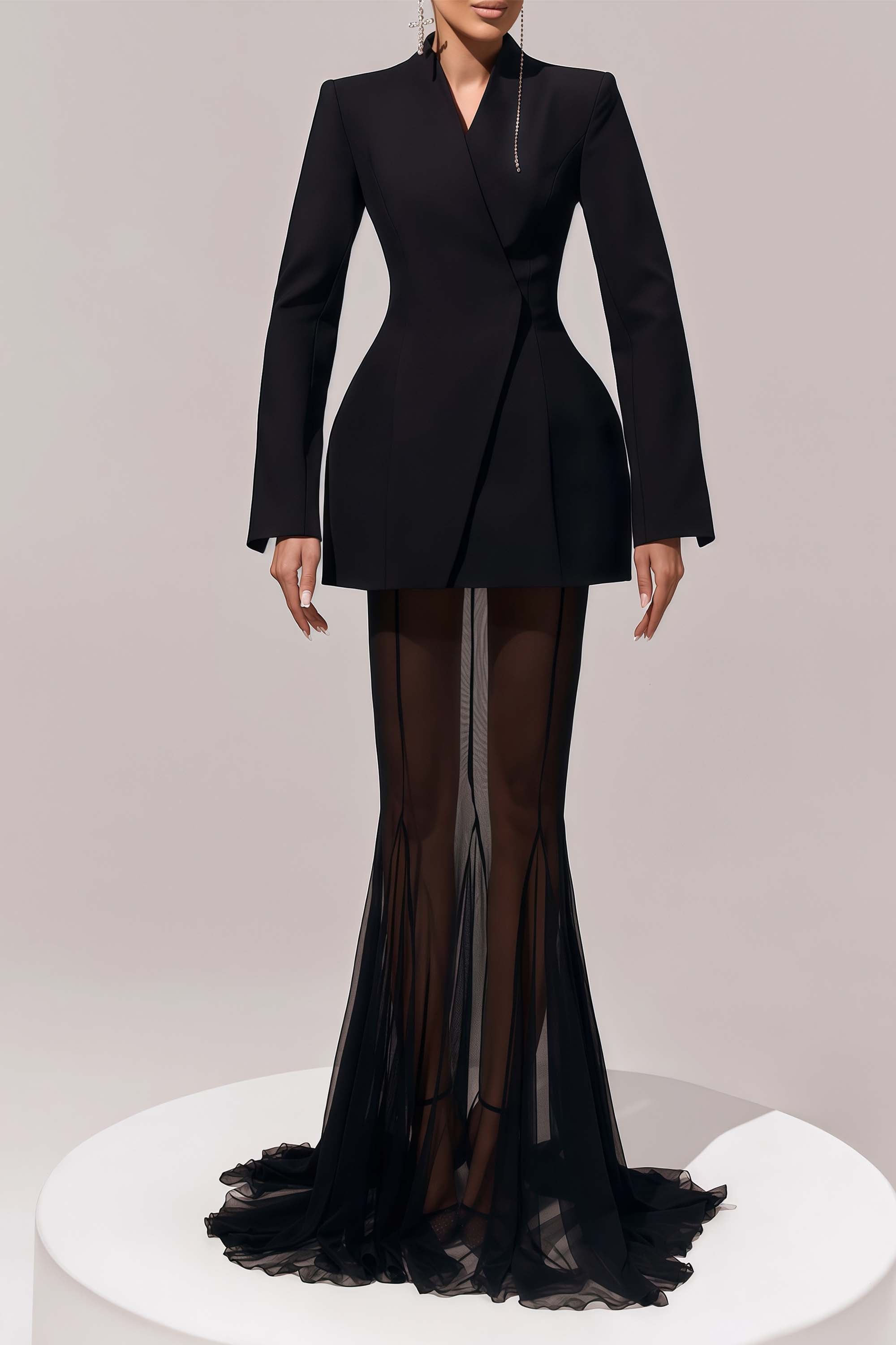 Enora Barrel Design Jacket Skirt Set V-Neck Mesh Pleated Detail Black