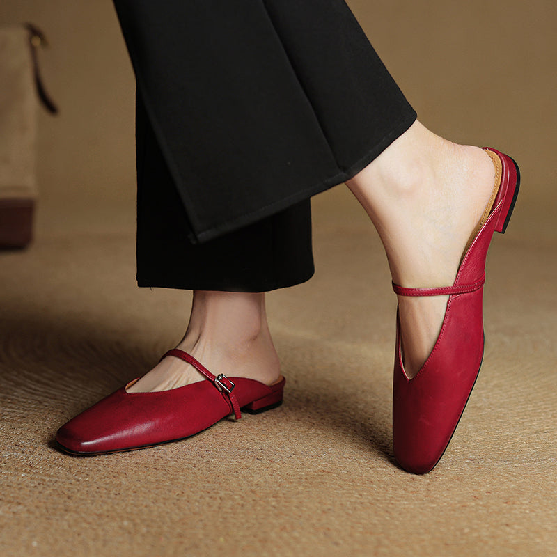 Women's Leather Mary Jane Mules Square Toe Buckled Strap