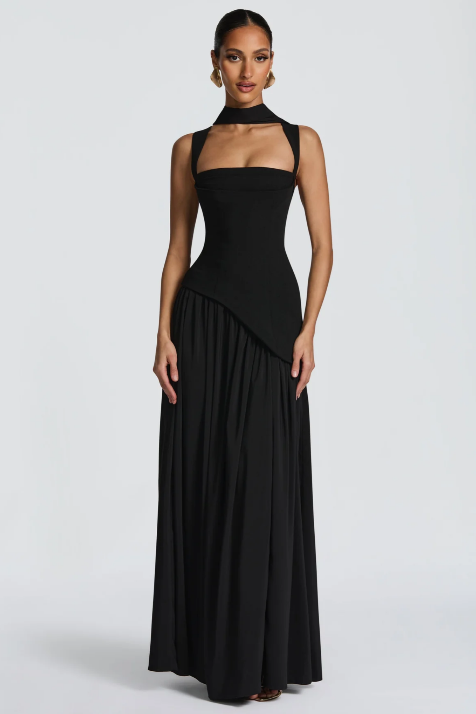 Sidonie Asymmetrical Maxi Gown Square Neck Spaghetti Strap Ruched Detail Black