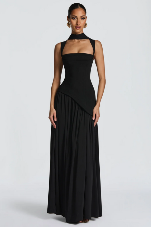 Sidonie Asymmetrical Maxi Gown Square Neck Spaghetti Strap Ruched Detail Black