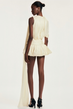 Cyrielle Pleated Mini Dress Round Neck Asymmetrical Ribbon Design Detail Neutrals