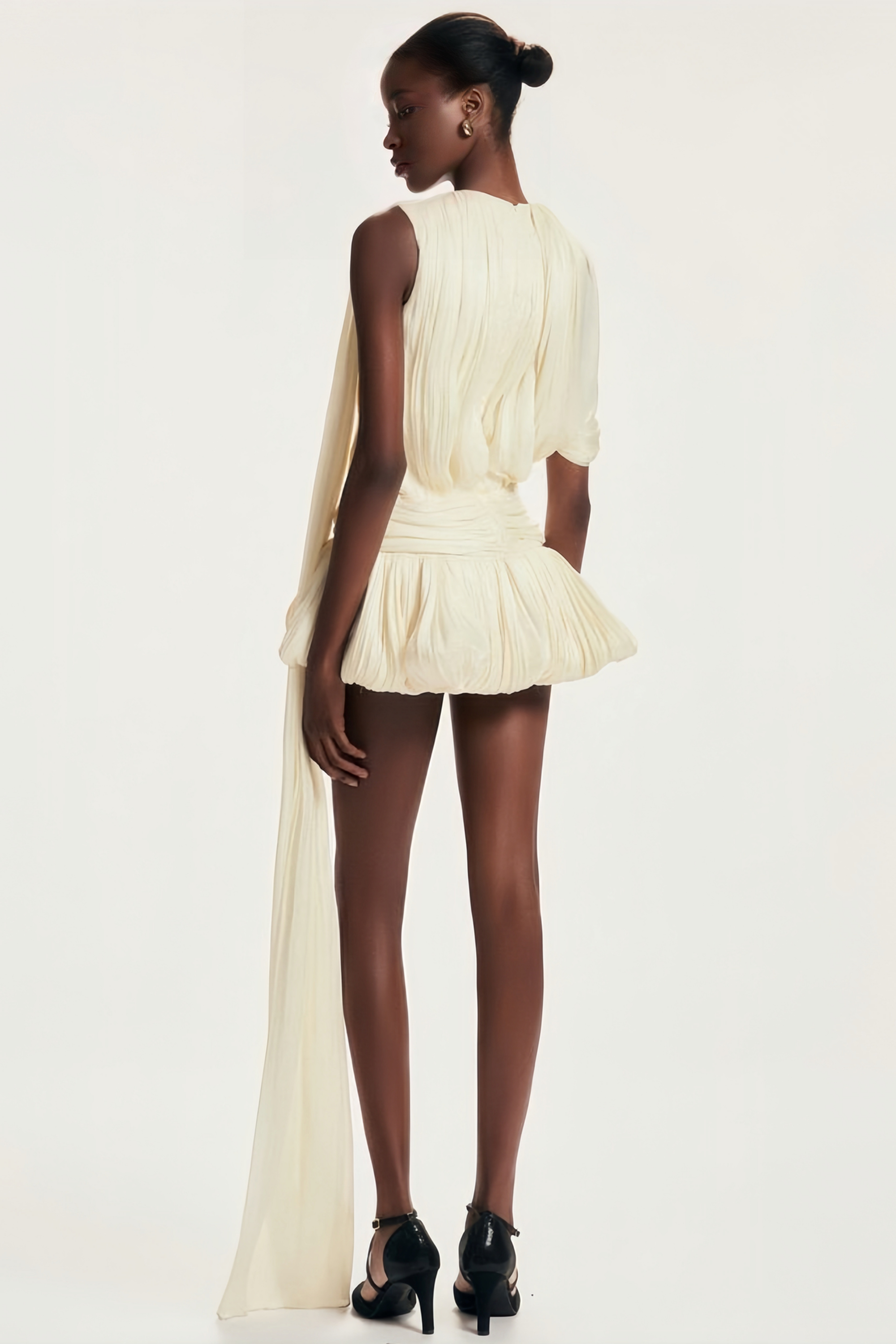 Cyrielle Pleated Mini Dress Round Neck Asymmetrical Ribbon Design Detail Neutrals