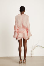 Eugénie Fully Pleated Ruffled Mini Dress Neck Tie Long Sleeve Detail Pink