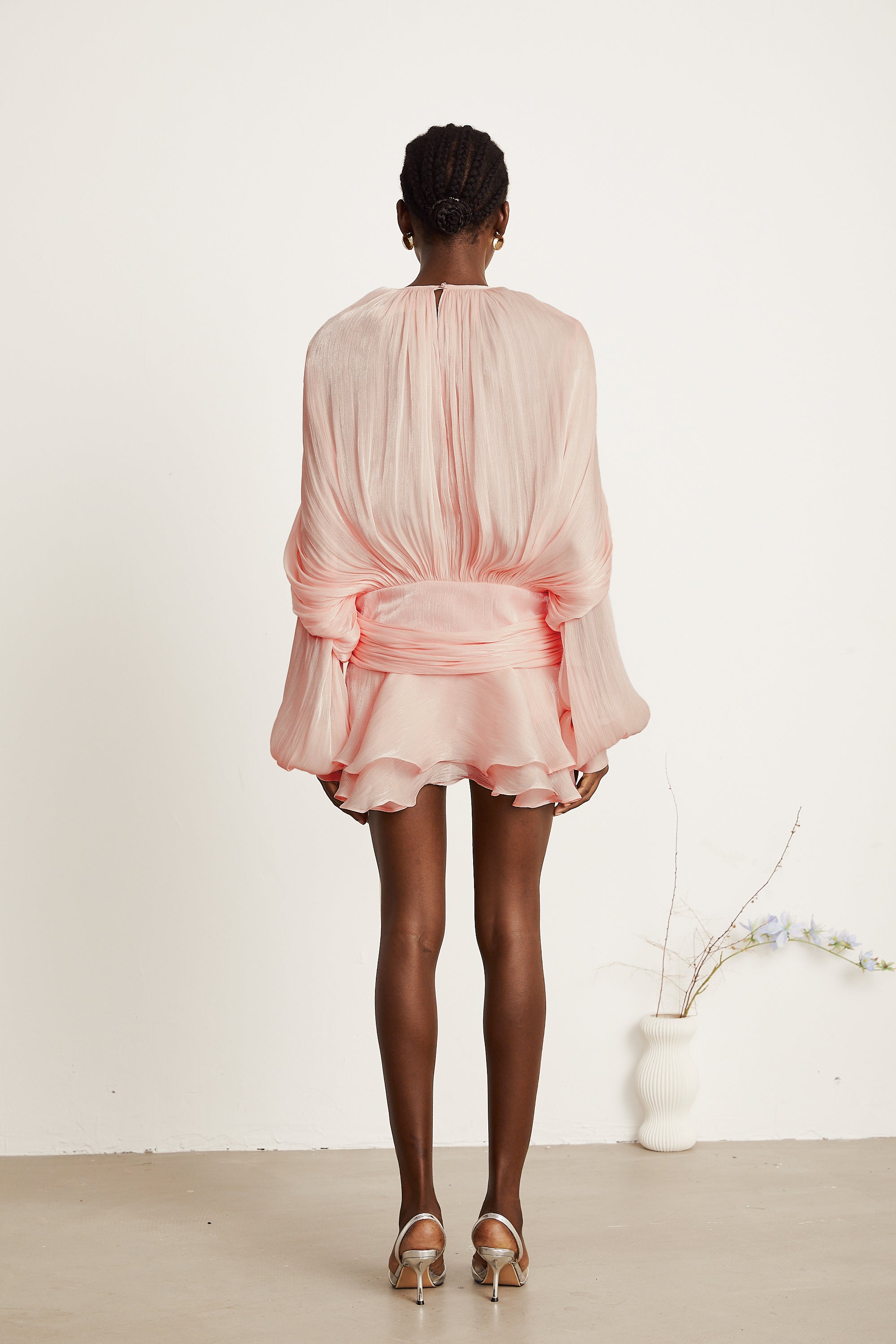 Eugénie Fully Pleated Ruffled Mini Dress Neck Tie Long Sleeve Detail Pink