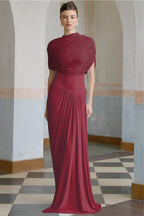 Catherine Asymmetrical Pleated Maxi Dress Crew Neck Sleeveless Mesh Detail Red
