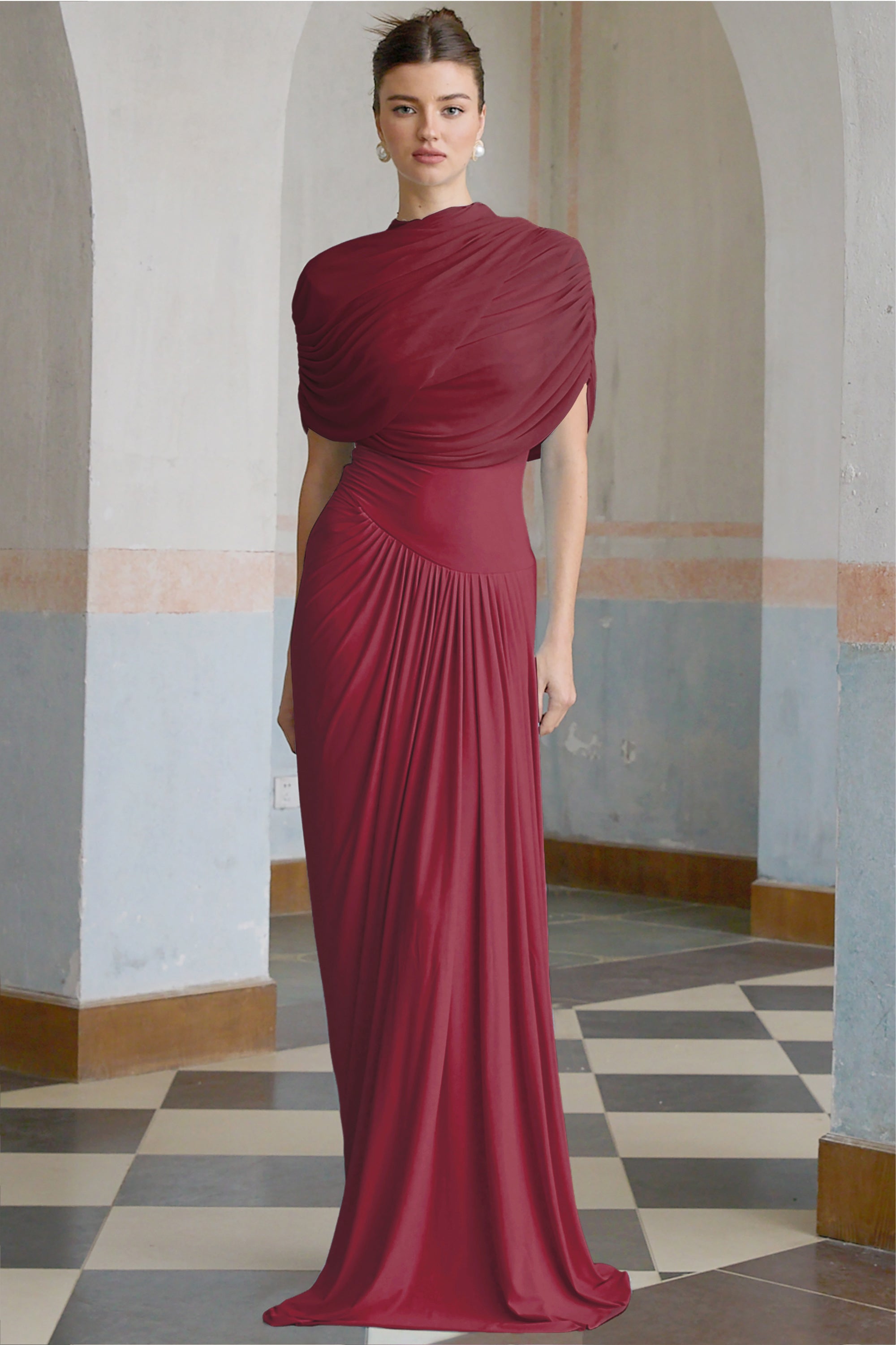 Catherine Asymmetrical Pleated Maxi Dress Crew Neck Sleeveless Mesh Detail Red