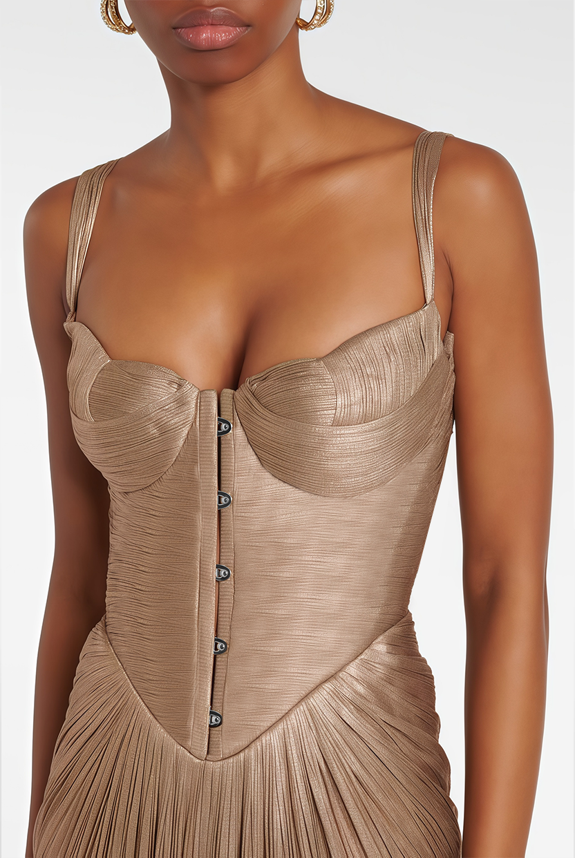 Nicoletta Gold Glossy Pleated Corset Maxi Dress with Front Slit