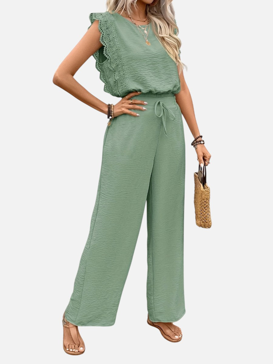 Women's Relaxed Sleeveless Top Wide-Leg Trouser Set Two-Piece Beige