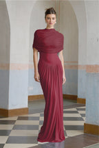Catherine Asymmetrical Pleated Maxi Dress Crew Neck Sleeveless Mesh Detail Red