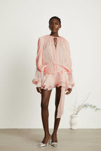 Eugénie Fully Pleated Ruffled Mini Dress Neck Tie Long Sleeve Detail Pink