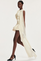 Cyrielle Pleated Mini Dress Round Neck Asymmetrical Ribbon Design Detail Neutrals