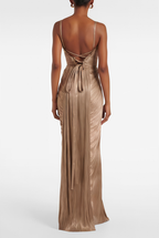Nicoletta Gold Glossy Pleated Corset Maxi Dress with Front Slit