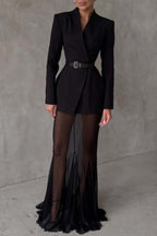 Enora Barrel Design Jacket Skirt Set V-Neck Mesh Pleated Detail Black