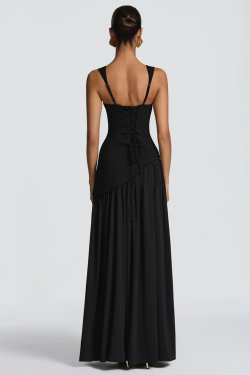 Sidonie Asymmetrical Maxi Gown Square Neck Spaghetti Strap Ruched Detail Black