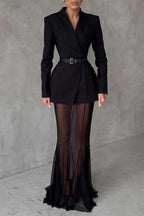 Enora Barrel Design Jacket Skirt Set V-Neck Mesh Pleated Detail Black