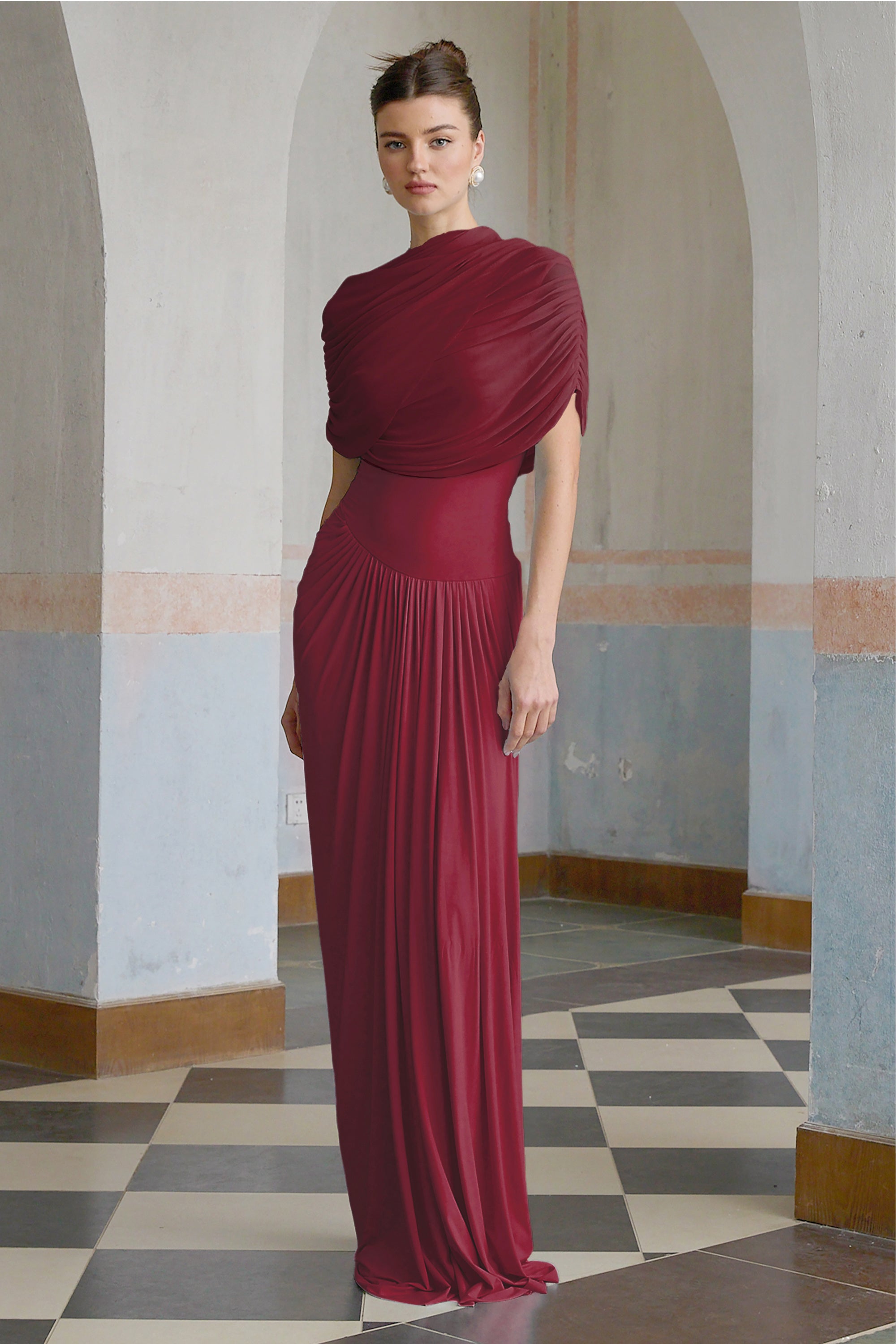 Catherine Asymmetrical Pleated Maxi Dress Crew Neck Sleeveless Mesh Detail Red