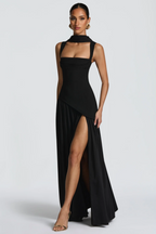 Sidonie Asymmetrical Maxi Gown Square Neck Spaghetti Strap Ruched Detail Black