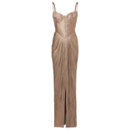 Nicoletta Gold Glossy Pleated Corset Maxi Dress with Front Slit