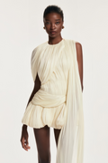 Cyrielle Pleated Mini Dress Round Neck Asymmetrical Ribbon Design Detail Neutrals