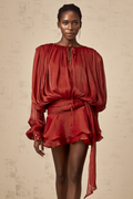 Eugénie Fully Pleated Ruffled Mini Dress Long Sleeve Red