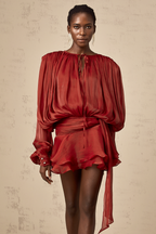 Eugénie Fully Pleated Ruffled Mini Dress Long Sleeve Red