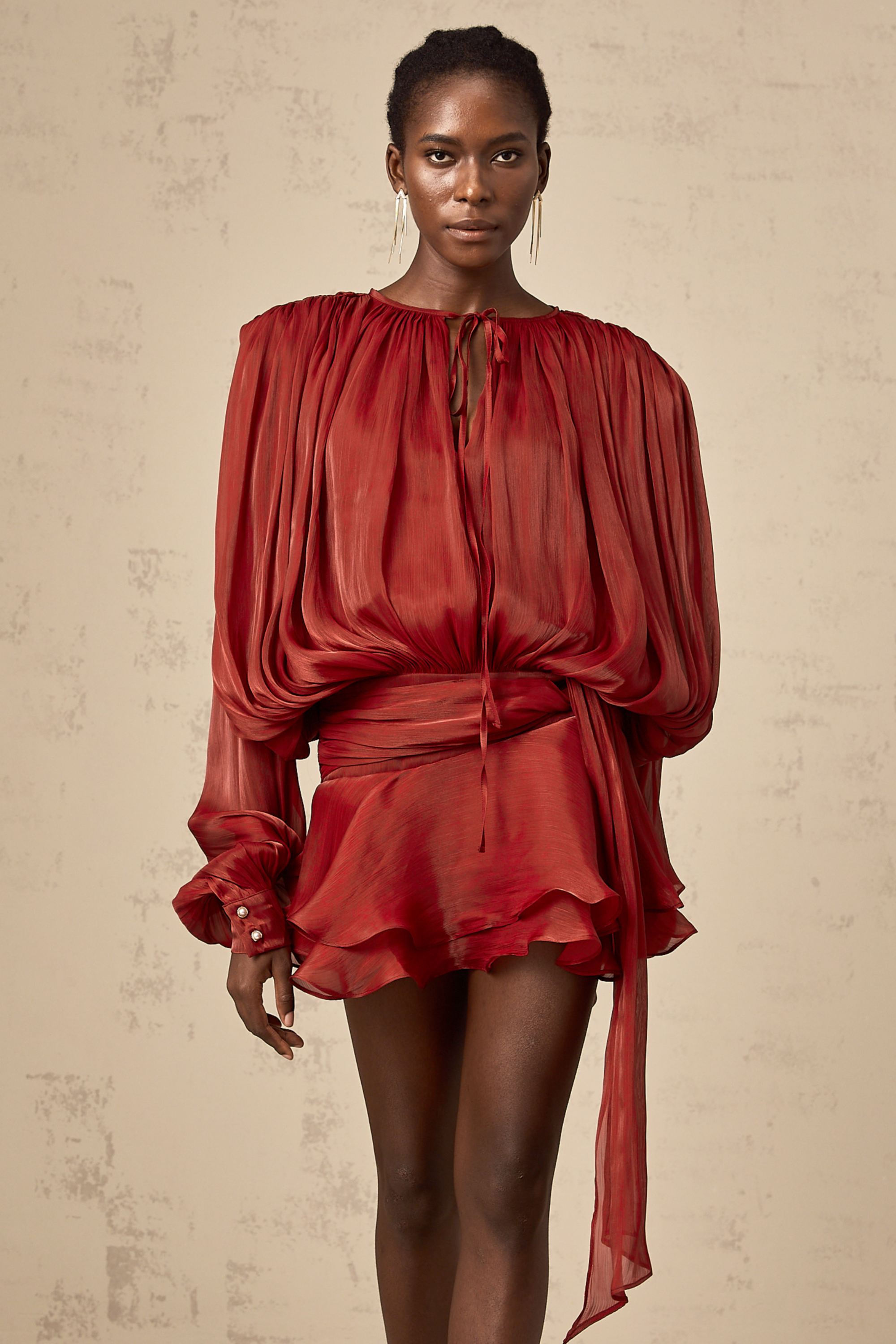 Eugénie Fully Pleated Ruffled Mini Dress Long Sleeve Red