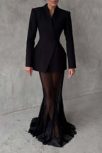Enora Barrel Design Jacket Skirt Set V-Neck Mesh Pleated Detail Black