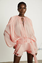 Eugénie Fully Pleated Ruffled Mini Dress Neck Tie Long Sleeve Detail Pink