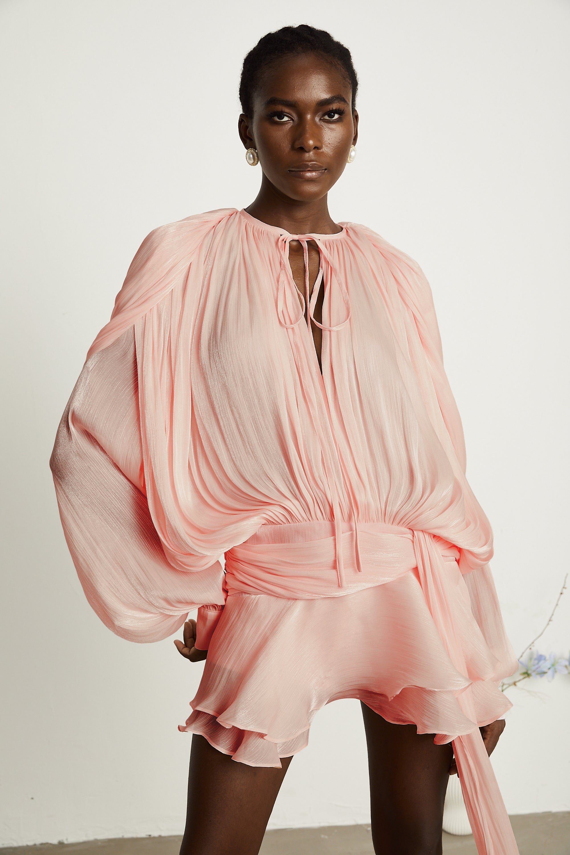 Eugénie Fully Pleated Ruffled Mini Dress Neck Tie Long Sleeve Detail Pink