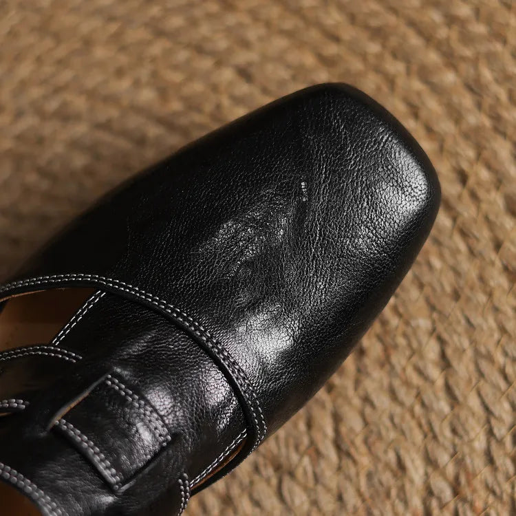 Women's Leather Mules Square Toe Block Heel Slip-On