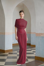 Catherine Asymmetrical Pleated Maxi Dress Crew Neck Sleeveless Mesh Detail Red