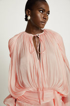 Eugénie Fully Pleated Ruffled Mini Dress Neck Tie Long Sleeve Detail Pink