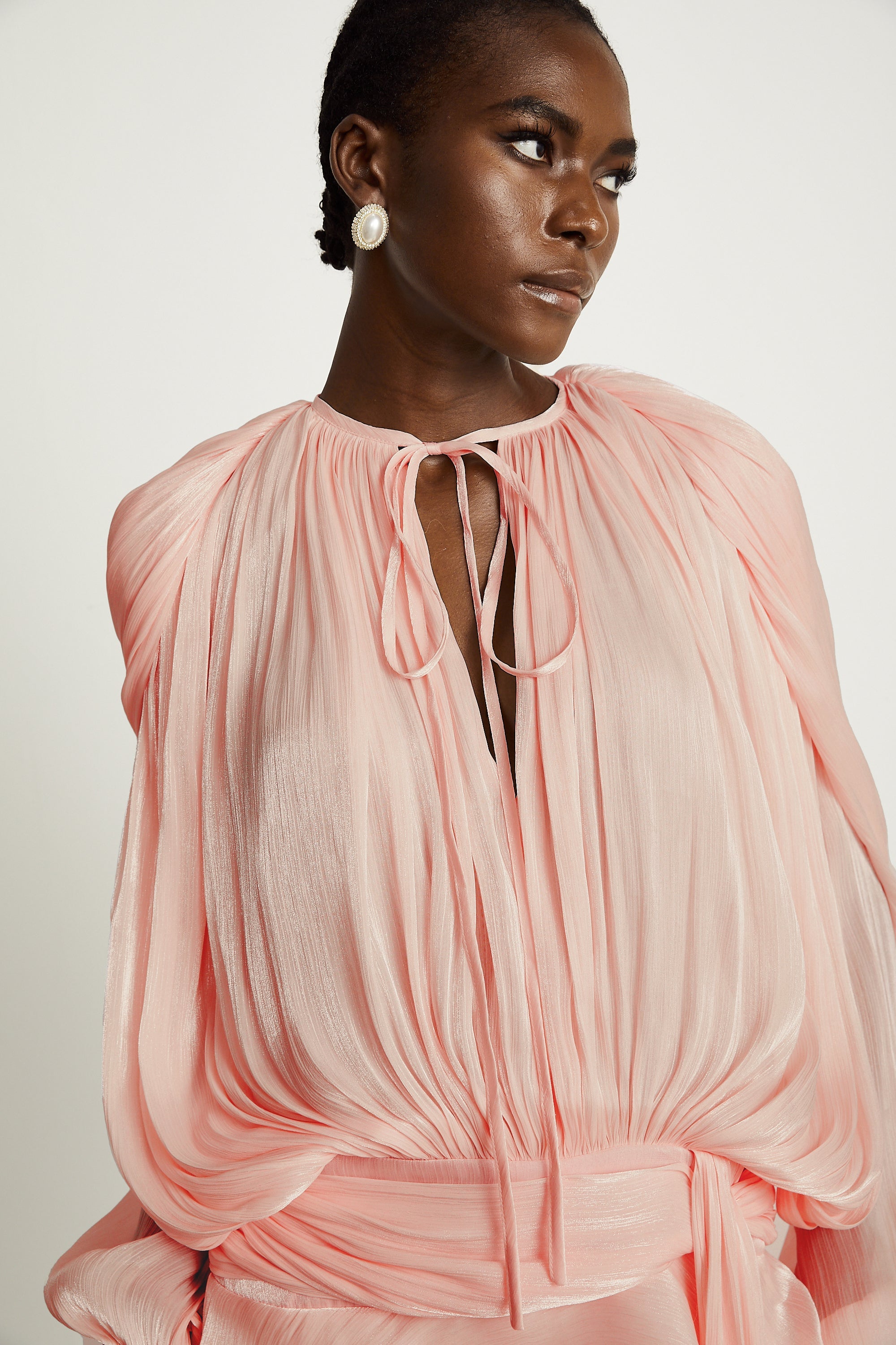 Eugénie Fully Pleated Ruffled Mini Dress Neck Tie Long Sleeve Detail Pink