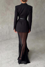 Enora Barrel Design Jacket Skirt Set V-Neck Mesh Pleated Detail Black