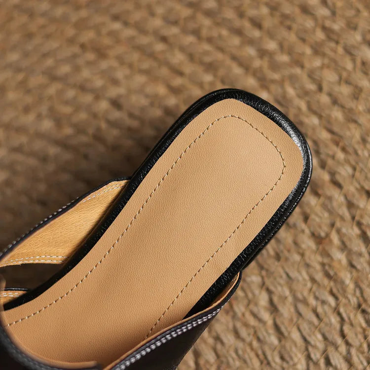 Women's Leather Mules Square Toe Block Heel Slip-On