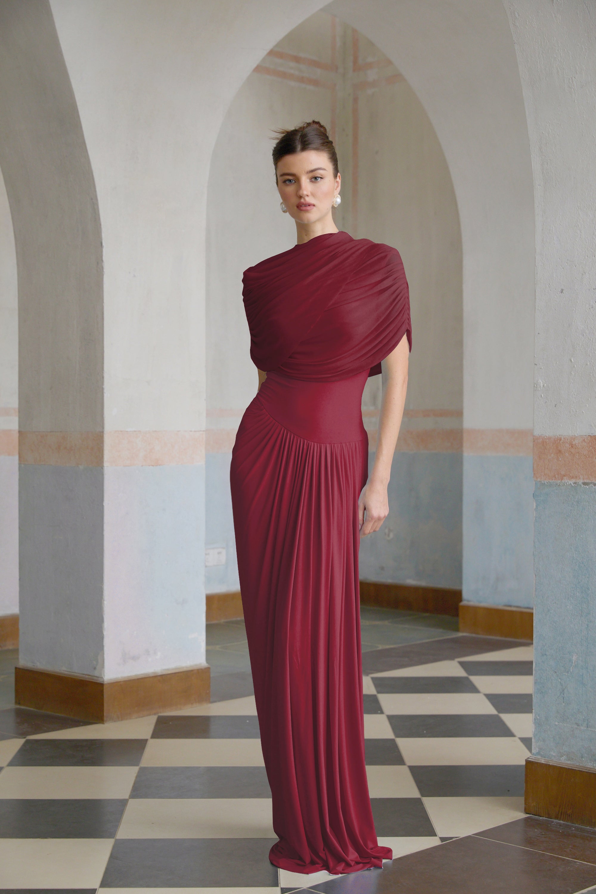 Catherine Asymmetrical Pleated Maxi Dress Crew Neck Sleeveless Mesh Detail Red