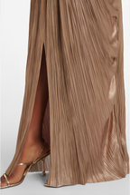 Nicoletta Gold Glossy Pleated Corset Maxi Dress with Front Slit