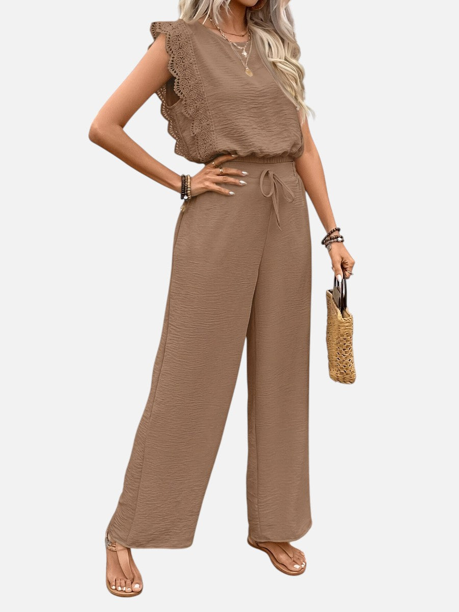 Women's Relaxed Sleeveless Top Wide-Leg Trouser Set Two-Piece Beige