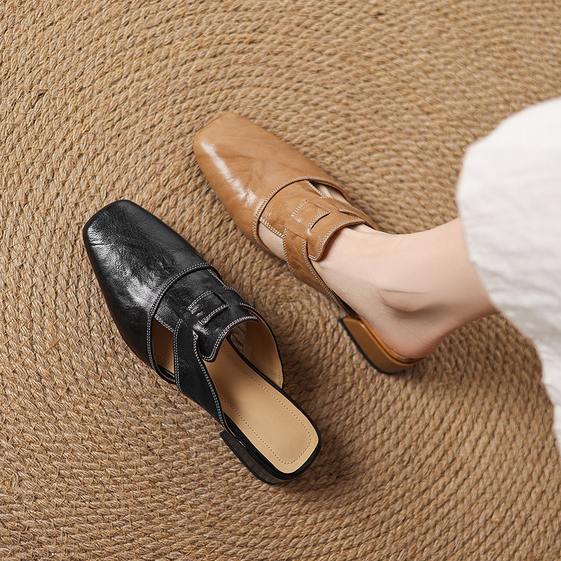 Women's Leather Mules Square Toe Block Heel Slip-On
